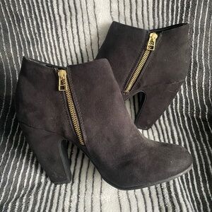 Black Suede Ankle Boots with Gold Zipper